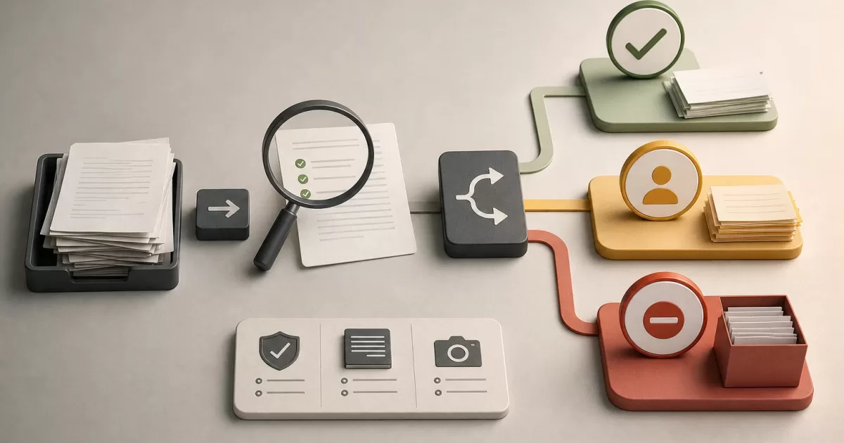 Diagrama editorial de un flujo PHP que clasifica datos extraídos entre aceptación automática, revisión humana y cuarentena.