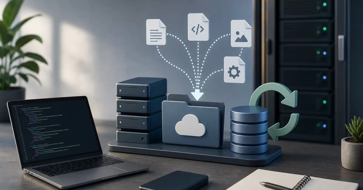Equipo técnico revisando una restauración de base de datos, archivos y configuración de una aplicación PHP en un entorno aislado