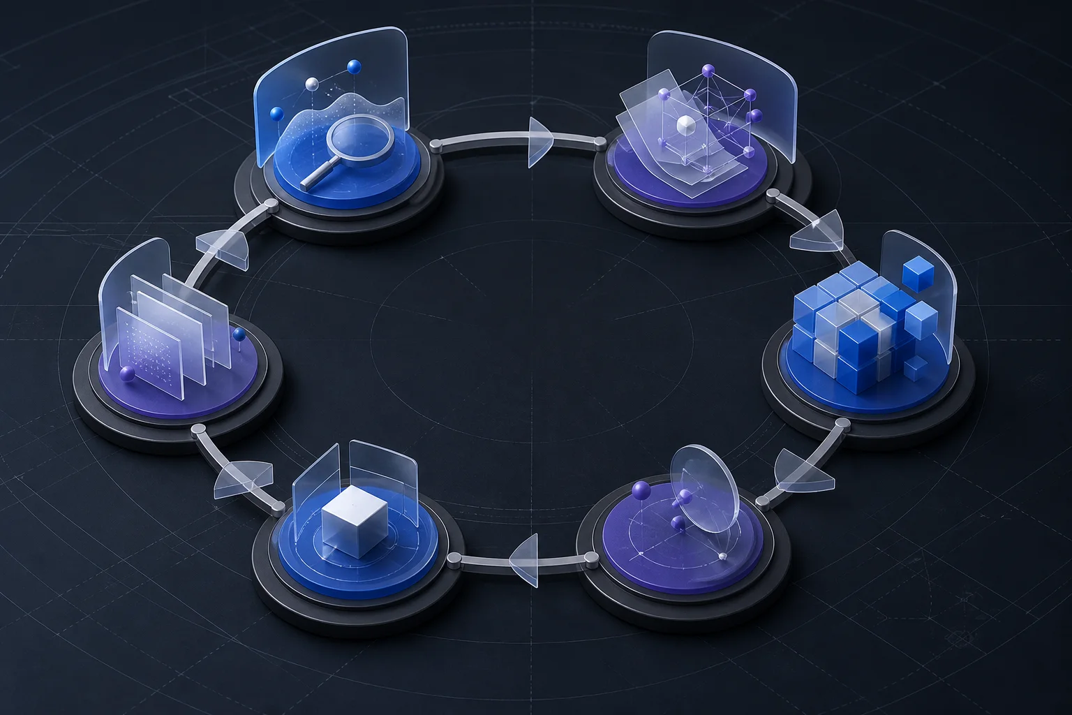 Ciclo de trabajo conectado desde el descubrimiento hasta la entrega, revisión y transferencia de conocimiento.